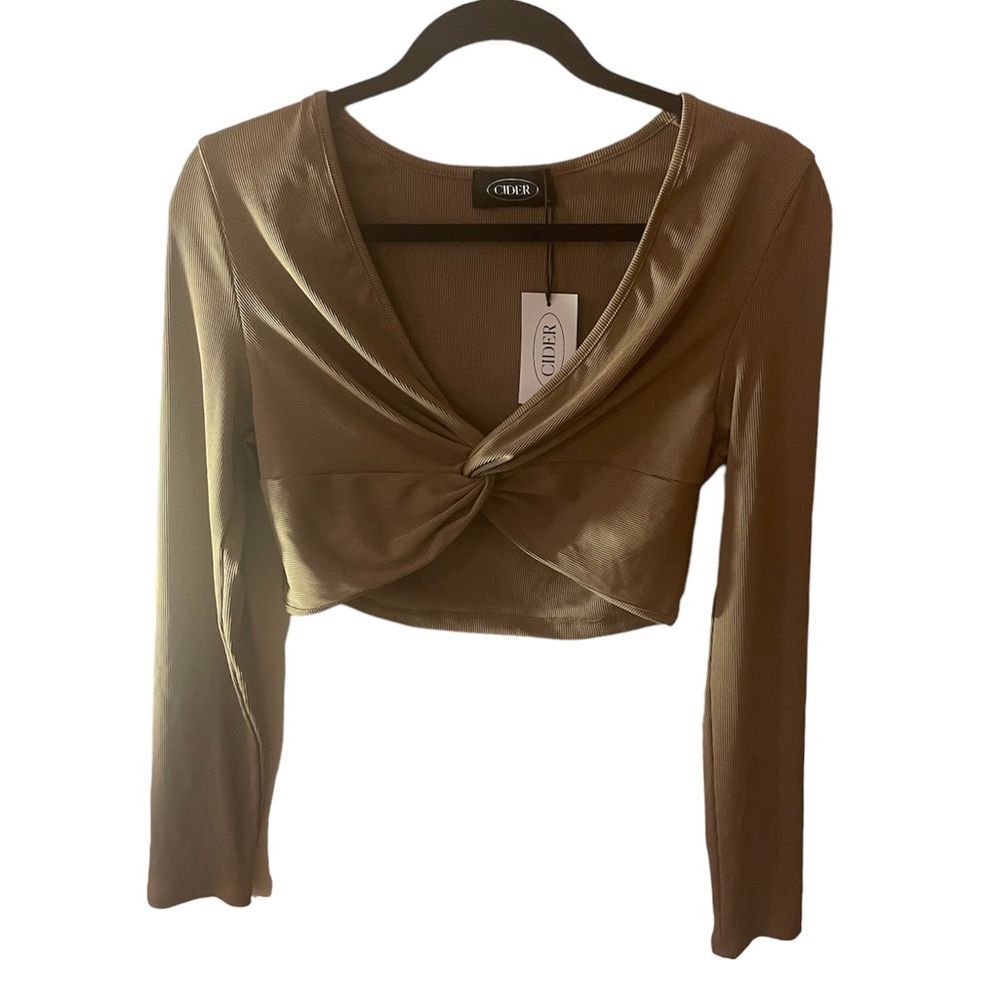 NWT cider camel brown ribbed long sleeve knot tied cross tee size large